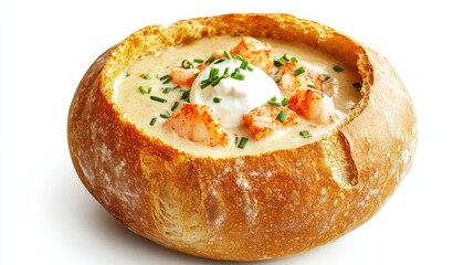 A gourmet lobster bisque served in a bread bowl garnished with a dollop of crème fraîche and chives, Each spoonful's creamy richness and tender lobster chunks highlighted