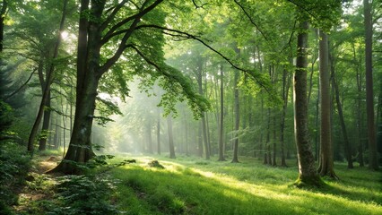 Fototapeta premium Green forest glade with sunlight filtering through trees, tree leaves, peace and quiet, sunlight filtering