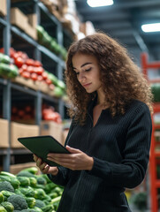 A focused young woman with curly hair uses a tablet in a vegetable warehouse, surrounded by fresh produce. She embodies technology in agriculture and professionalism.