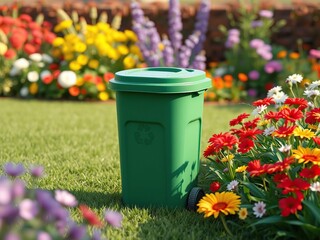 Green recycling bin placed in a garden amidst a vibrant lawn and colorful flowers, flowers, natural setting