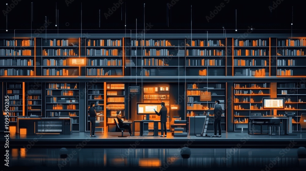 Poster futuristic library featuring ai-powered technology urban setting digital art modern environment inte