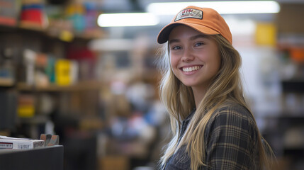 Friendly hardware store clerk smiling warmly while assisting customers at the retail counter. The environment is bustling with shelves stocked with various goods.