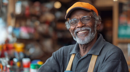 Fototapeta premium Portrait of a friendly hardware store clerk smiling warmly at the counter, exuding professionalism and a welcoming atmosphere. Perfect for themes of customer service and retail shop environments.