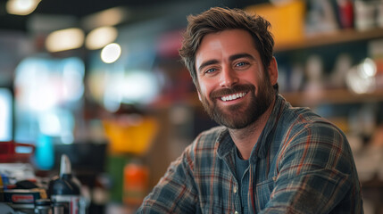 Fototapeta premium A cheerful hardware store clerk with a warm smile stands behind the counter, exuding friendliness and approachability in a bustling store environment. Ideal for retail and service industry concepts.