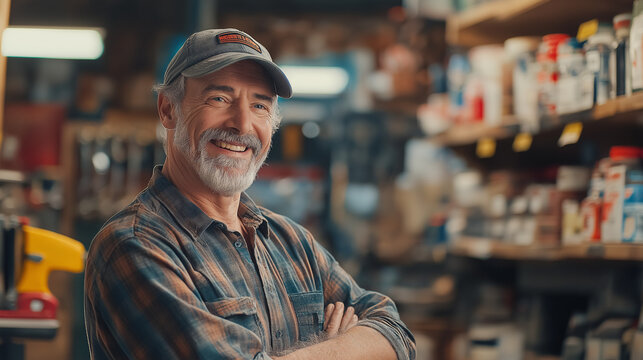 A friendly hardware store clerk with a smile, standing confidently at the counter. Surrounded by tools and supplies, he embodies expertise and customer service in a bustling work environment.