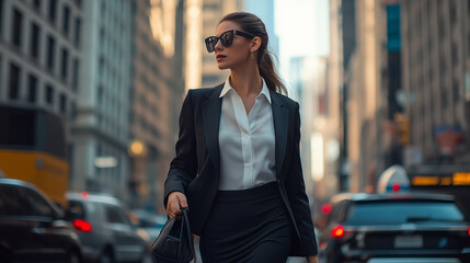 Confident woman in business attire walks through a busy city street, exuding elegance and professionalism. Ideal concept for modern street style fashion and urban lifestyle imagery.