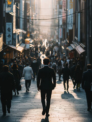 A young professional confidently walks down a busy city street, surrounded by a bustling crowd. The warm sunset light casts long shadows, creating a dynamic urban atmosphere.