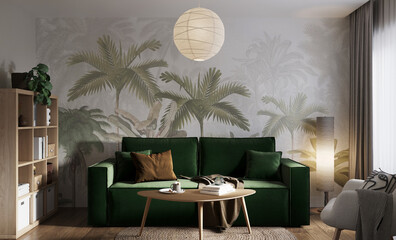 Visualization of a cozy living room with a soft green sofa and tropical wallpaper in daylight