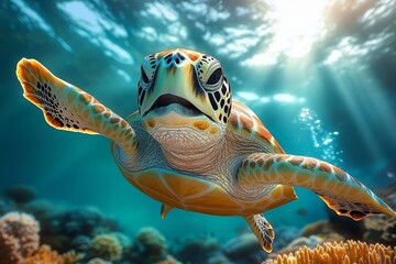 Obraz premium Colorful Sea Turtle Swimming Underwater in Coral Reef with Sunlight