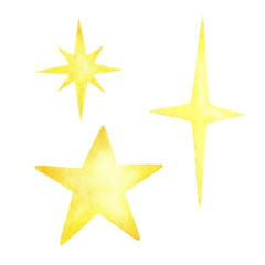 Stars five-pointed, four-pointed and eight-pointed, golden and yellow set of three twinkling and sparkling elements. Hand drawn watercolor isolated illustration for greeting card and festive designs.