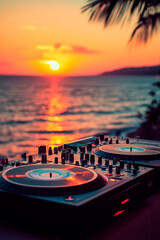 Dj turntable at the beach with sunset in the background