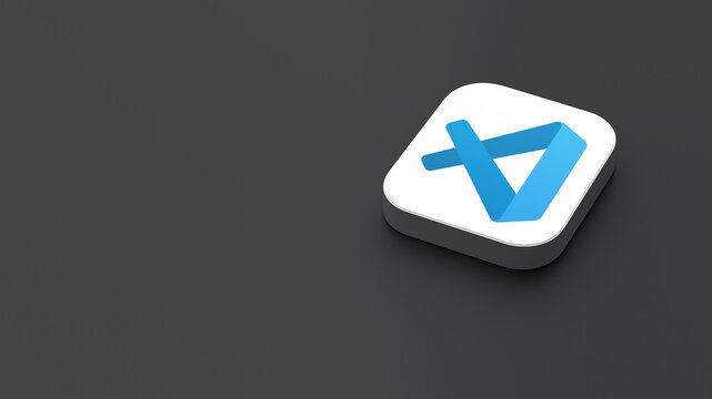 3D-rendered icon of the Microsoft Visual Studio Code app logo, featuring a sleek, minimalistic design. The logo appears on a dark gray background within a white square with rounded corners.