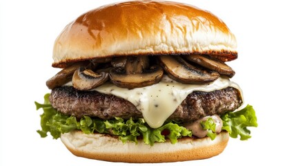 A gourmet mushroom Swiss burger with a juicy beef patty, sautéed mushrooms, melted Swiss cheese