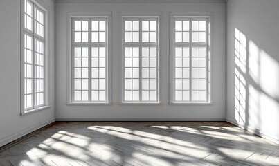 Obraz premium white empty room with shadow window and green plant on white wall luxury background and wooden floor 