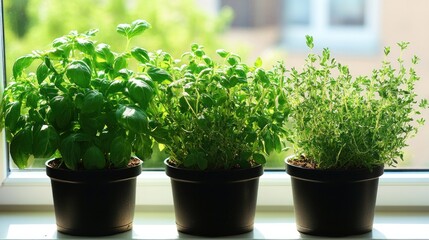 Fototapeta premium Three potted herbs, basil, oregano and thyme, on a windowsill, lit by sunshine.