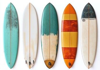 Collection of Vintage Surfboards Retro Designs in Turquoise Orange Yellow and White Styles