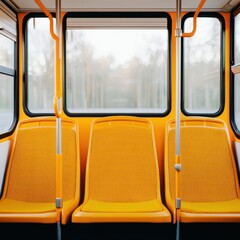 Empty seats on a public bus facing the window with a view of the street.