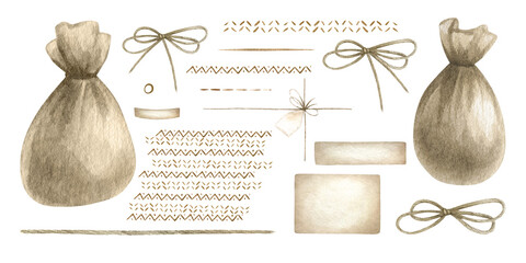 Sacks made of brown burlap, twine, bows, ropes and ribbon, kraft paper and cardboard, ethnic pattern, jute cord and thread isolated on white. Hand drawn watercolor illustration set for rustic style. © Lehona ART