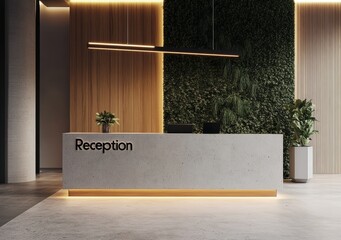 Modern Hotel Reception Desk with Vertical Green Wall and Polished Concrete Floor