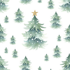 Christmas trees snow-covered with festive golden star decoration on top, forest winter landscape. Hand drawn watercolor isolated seamless pattern for New Year festive packaging paper, textile, fabric.