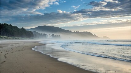 misty morning over calm sea and sandy beach, misty, sand, shoreline, ocean, coastal