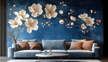 A blue wall with a white flower branch. Perfect for a living room or bedroom wall.