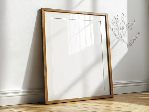 Minimalist Wooden Frame Mockup Leaning Against White Wall with Soft Shadows