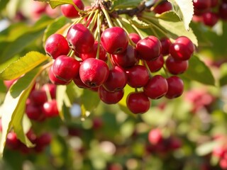 Obraz premium New cherries on the cherry tree branch with sunlight, bright, warm light, new