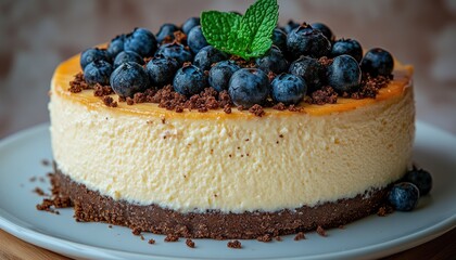 A delicious blueberry cheesecake with a graham cracker crust. This photo is perfect for food blogs, websites, or social media posts about desserts.