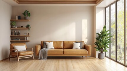 Minimalist Living Room with Leather Sofa and Armchair in Bright Tones