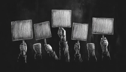 Hands holding blank signs, drawn in chalk. Perfect for illustrating protest, demonstration, or social movement.