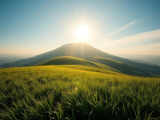 Fototapeta premium On a sunny day a lush green grassy hill invites eIn the distance a majestic hill rises above a sea of tall grass as the sun casts a warm glow on the rolling hillscape, distant view, hills