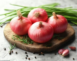 Red onions, garlic, and rosemary on a wooden board. Perfect for showcasing recipes using onions, garlic, and herbs.