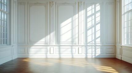 Obraz premium white empty room with shadow window and green plant on white wall luxury background and wooden floor 