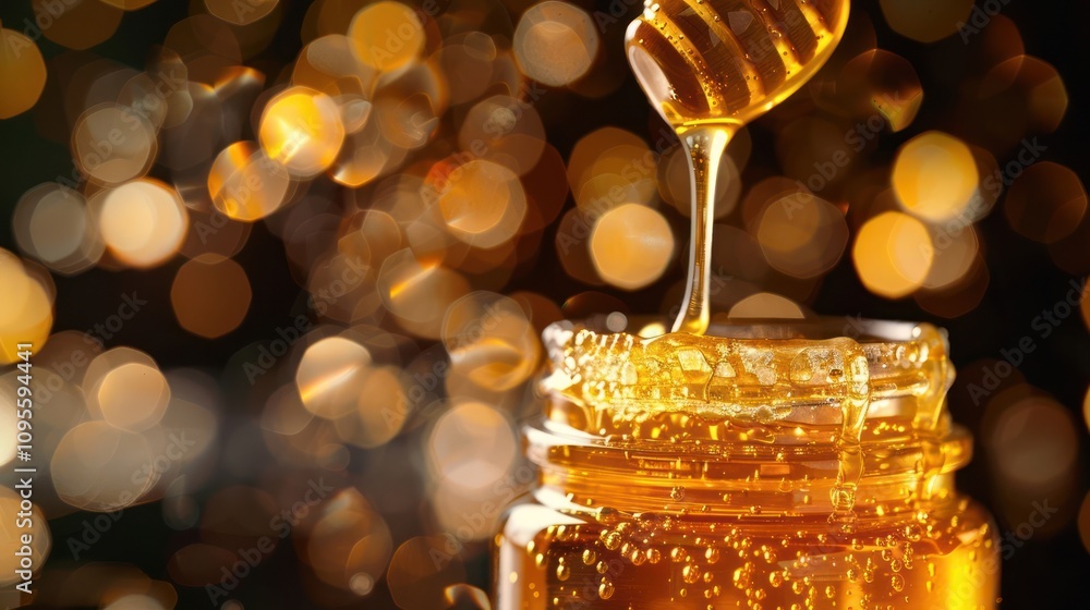 Aufkleber honey dripping from a spoon into a jar with bokeh lights in the background.