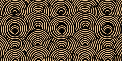 Seamless Gold Pattern with Wavy Stripes and Concentric Circles on Black Background Vintage Art Deco Graphic Design
