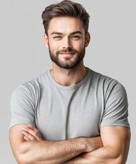 Fototapeta premium Handsome Smiling Man with Neatly Trimmed Beard and Short Hair in Light Gray T-Shirt Standing with Arms Crossed