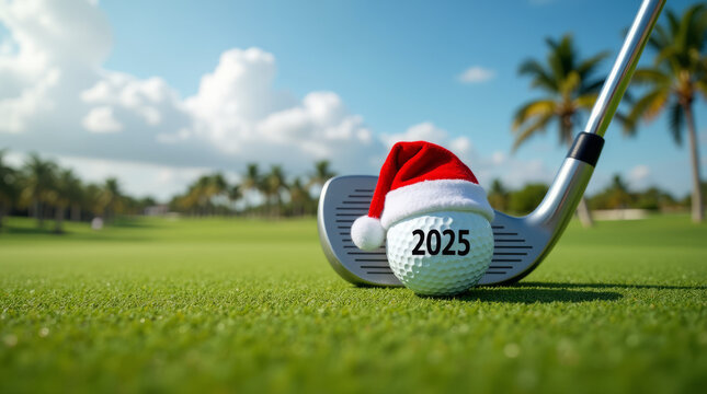 Golf ball with Santa hat labeled 2025 on tropical course. Festive holiday theme with palm trees and blue sky. Banner, poster, marketing, advertising