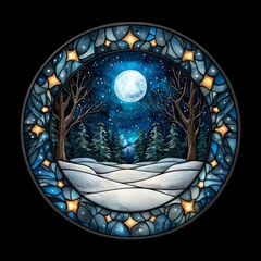 Stained Glass Winter Scene with Moon and Snow