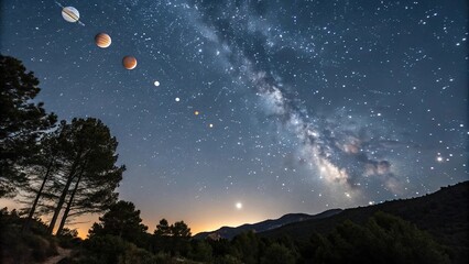 Fototapeta premium Planetary alignment in a starry night sky, starfield, planets aligned, planetary system, nebulas, cosmic event