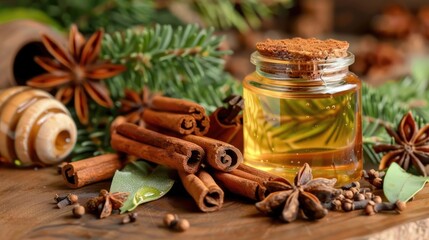A glass jar filled with golden liquid, surrounded by cinnamon sticks, star anise, bay leaves, and a honeycomb.