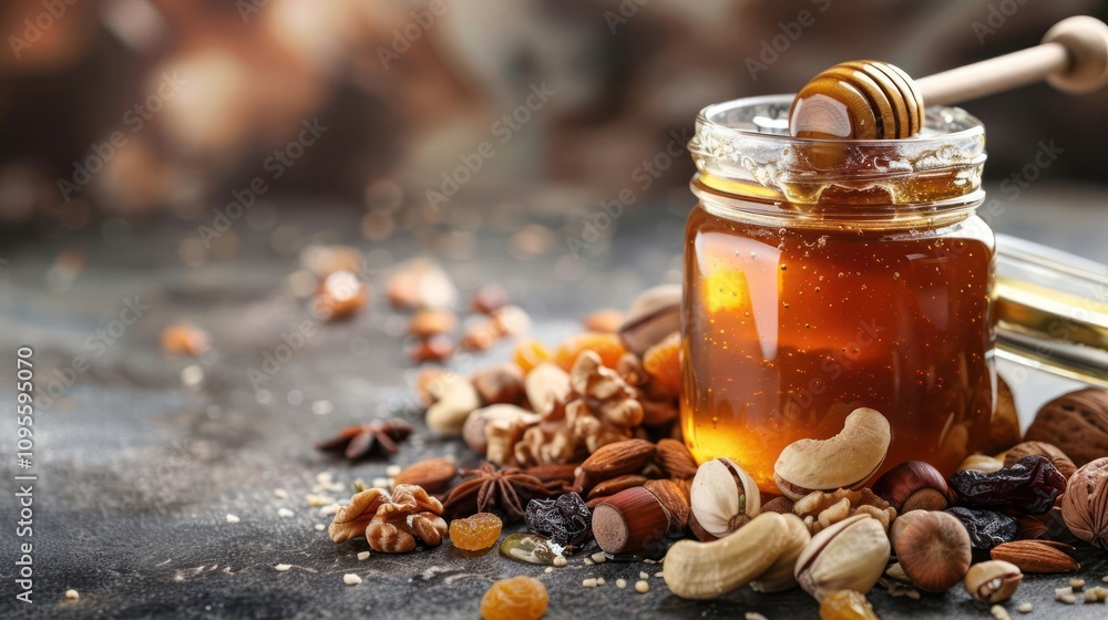 Poster honey and nuts in a jar on a rustic table with a blurred background.