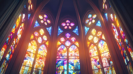 Obraz premium Stained glass window in church. Stained Glass Cathedral. Illustration