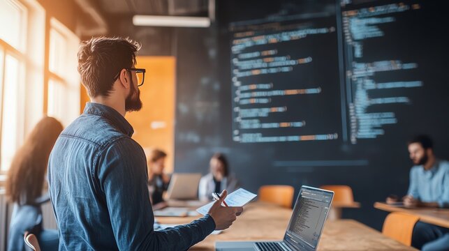 Programmer reviewing code with team.