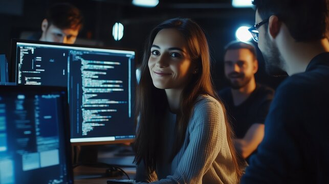 Smiling programmer collaborating with team.