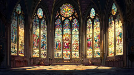 Fototapeta premium Elaborate stained glass windows in a cathedral, featuring detailed portrayals of biblical figures and religious scenes, framed by gothic arches. Stained Glass Cathedral. Illustration