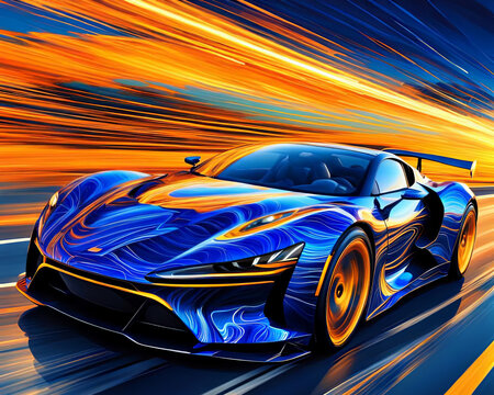 A sleek, futuristic sports car with a vibrant blue paint job and light streaks. The car features speeding street light accents that create a striking visual effect, especially in low-light conditions.