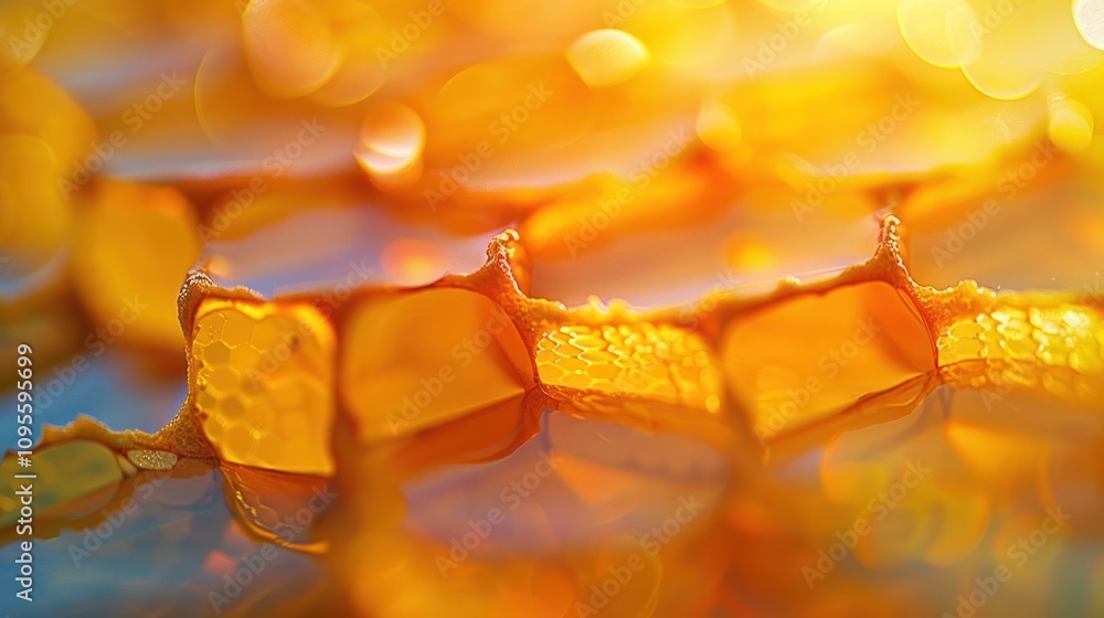 Poster close-up of golden honeycomb with honey dripping, creating abstract patterns.