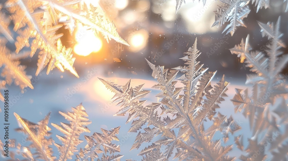 Poster close-up of intricate frost patterns on a windowpane with a warm sunset glow in the background.