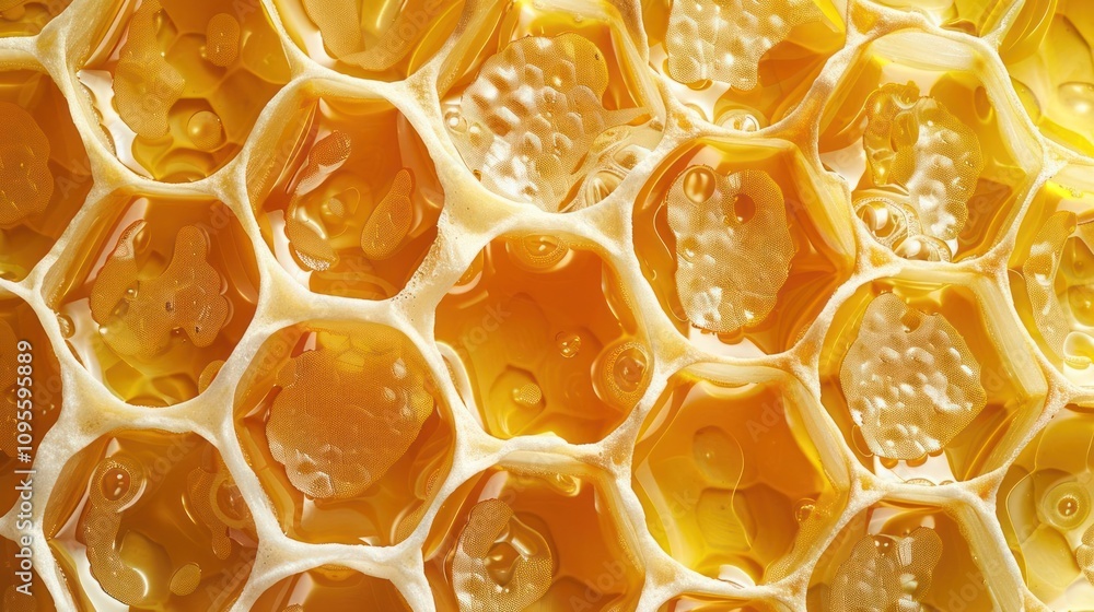 Poster close-up macro shot of a honeycomb filled with golden honey.